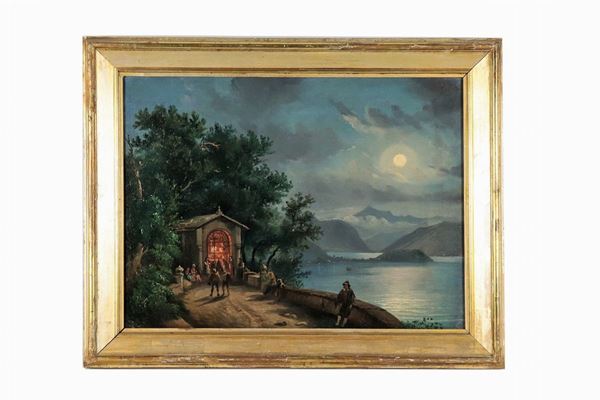 Pittore Europeo Fine XIX Secolo - Signed. "Night landscape with church and lake", oil painting on canvas