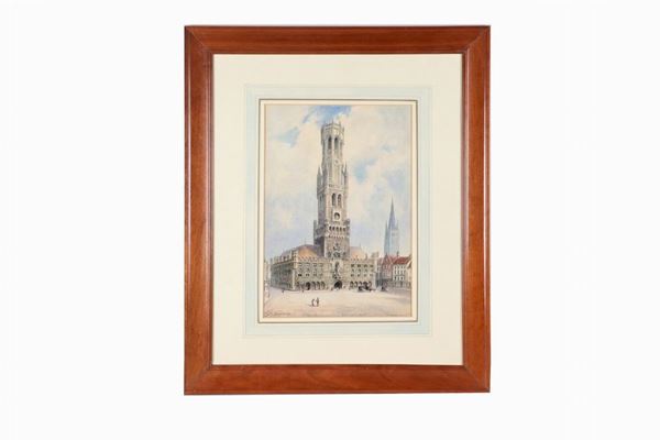 Albert H. Findley - Signed. "View of the Belfry Bruges", bright watercolor on paper