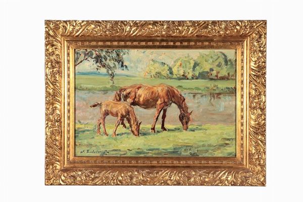 Pittore Europeo Inizio XX Secolo - Signed. "Horses in the pasture", oil painting on pressed cardboard