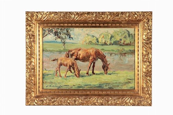 Pittore Europeo Inizio XX Secolo - Signed. "Horses in the pasture", oil painting on pressed cardboard