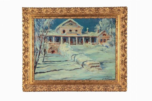 Pittore Europeo Inizio XX Secolo - Signed. "Snowy view with villa", oil painting on pressed cardboard