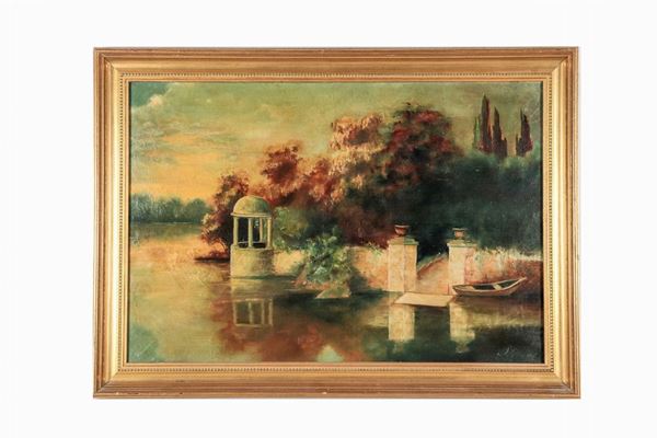 Pittore Europeo Fine XIX Secolo - Firmato e datato 1893. "Veduta di ingresso di villa sul lago con tempietto", dipinto ad olio su tela