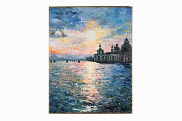 Pittore Europeo XX Secolo - Firmato. "Veduta di Venezia con la laguna", dipinto ad olio su compensato