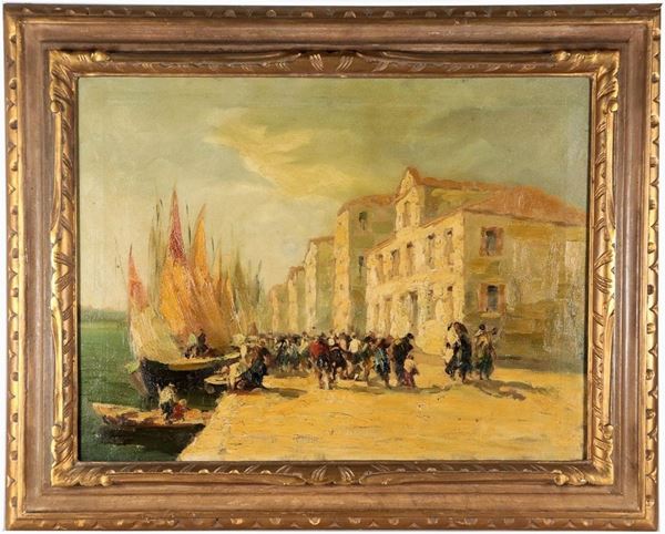 Luigi Pagan - Signed. "View of Chioggia with the arrival of the fishermen", oil painting on canvas
