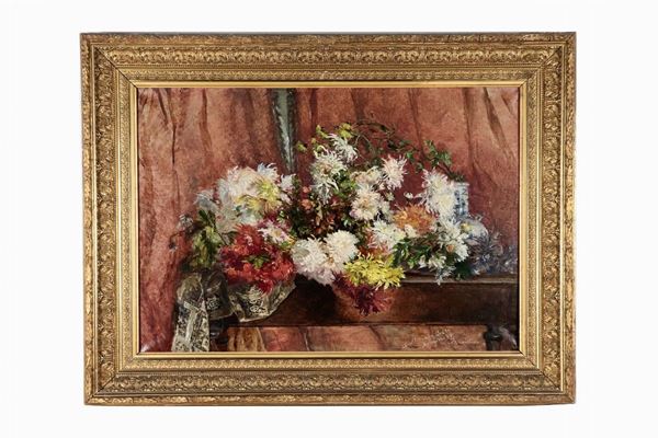 Pittore Francese Fine XIX Secolo - Signed with dedication and dated 1888. "Still life of flowers and pottery", bright oil painting on canvas