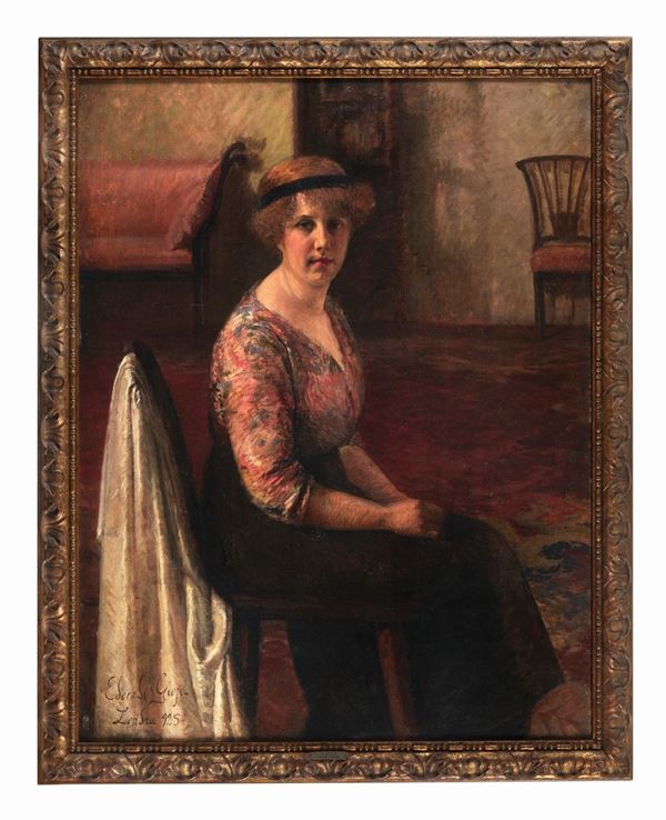 Edoardo Gioja - Signed and inscribed London 1925. "Portrait of a noblewoman in the living room", oil painting on canvas