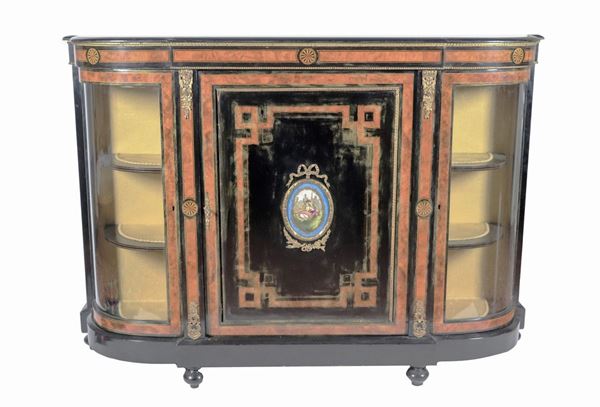 Antica servante francese Napoleone III a demi-lune, in radica di tuja, bois de rose e legno ebanizzato