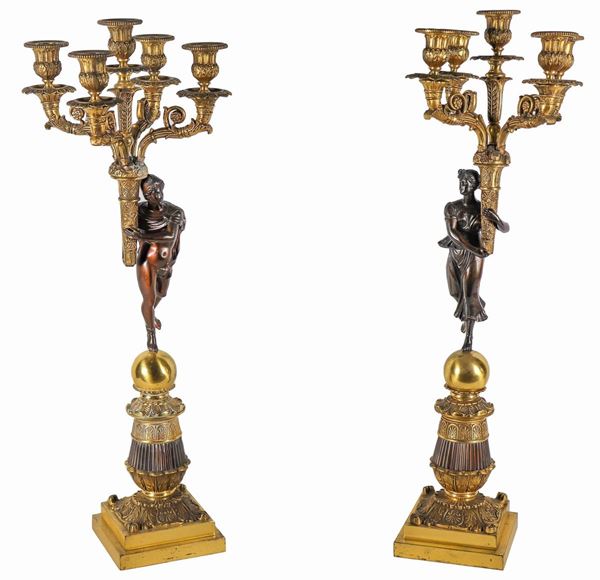 Pair of French Empire-style candelabra, in gilded and patinated bronze with sculptures of neoclassical figures, 5 flames