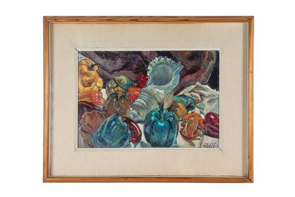 Paolo Ghiglia - Firmato. "Natura morta con conchiglia e peperoni", dipinto ad olio
