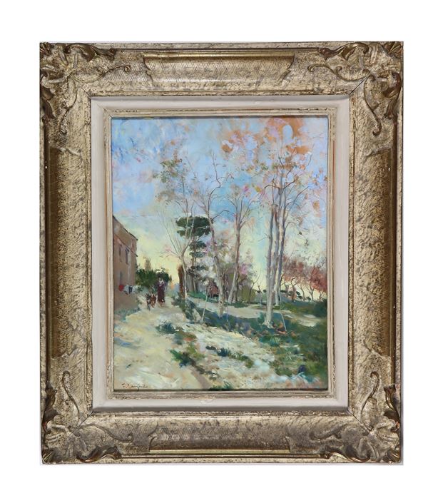 Francesco Cangiullo - Firmato. "Paesaggio con casa e contadina con caprette", dipinto ad olio su compensato