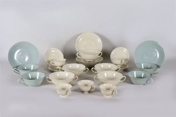 Porcelain lot of five broth cups with saucers, five coffee cups with saucers and four tea cups with two saucers (16 pcs)