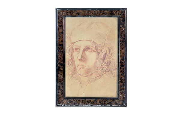 Ancient small charcoal drawing on paper "Face of a sixteenth-century man"