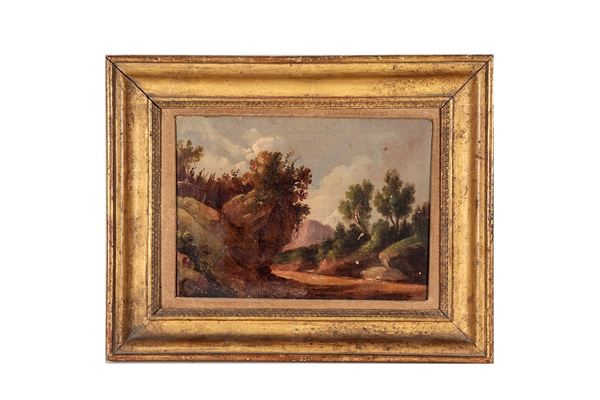 Pittore Romano Inizio XIX Secolo - "Paesaggio con strada di campagna e bosco", piccolo dipinto ad olio su tela
