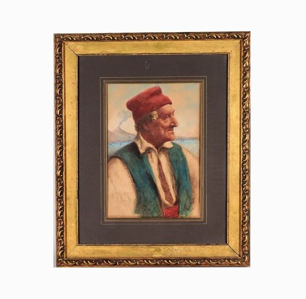 Fausto Zonaro - Signed. "Old fisherman with Vesuvius in the background", watercolor on paper