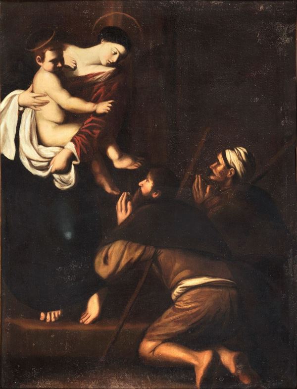 Pittore Post Caravaggesco XVII Secolo - "Madonna con Bambino e l'adorazione dei pastori", dipinto ad olio su tela