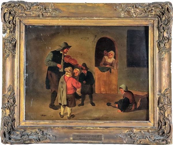 Adriaen Van Ostade - Workshop of. "Beggar with violin and peasants", oil painting on wood