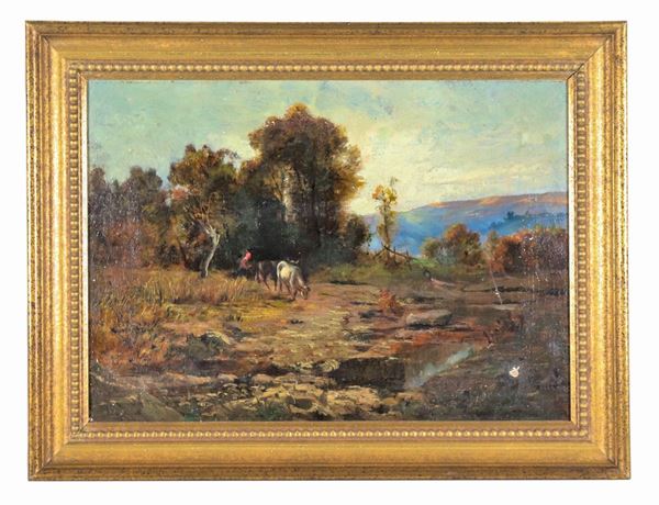 Pittore Piemontese Fine XIX Secolo - "Paesaggio con contadina e mucche", dipinto ad olio su tela