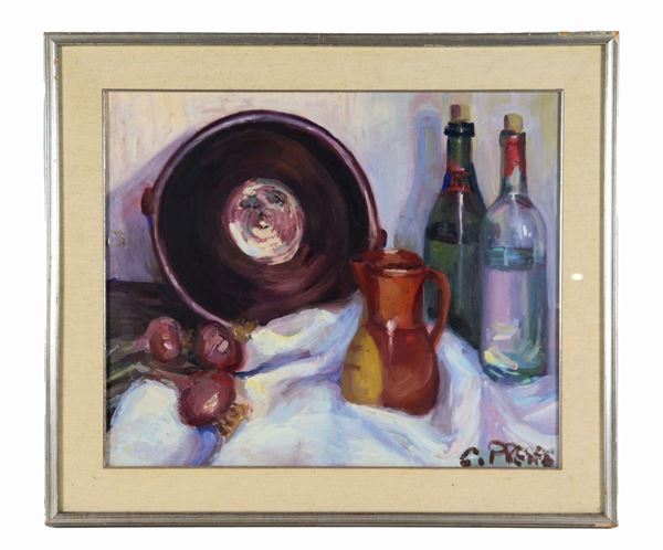 Pittore Arte Contemporanea - Signed. "Still life with tableware, bottles and onions" mixed technique on canvas 50 x 60 cm