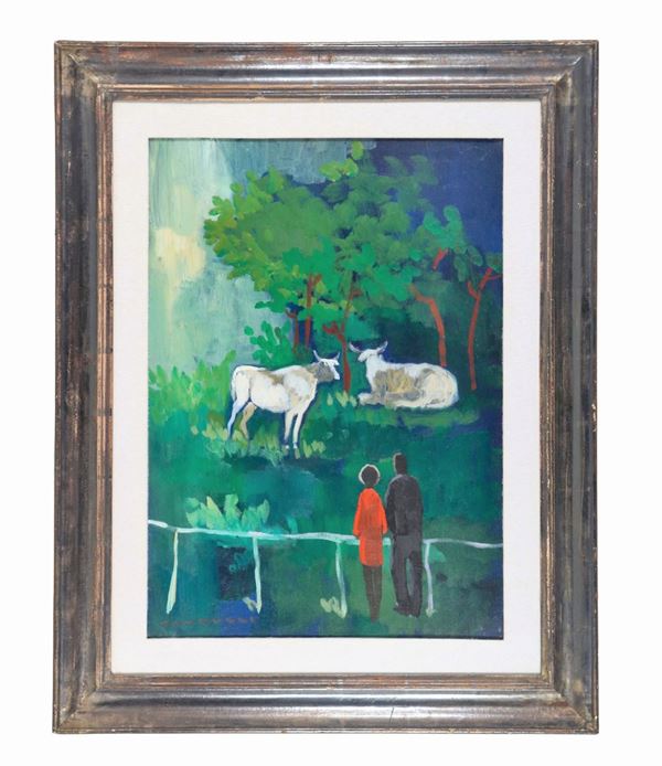 Eliano Fantuzzi - Firmato. "Paesaggio con mucche e personaggi" olio su tela cm 70 x 50