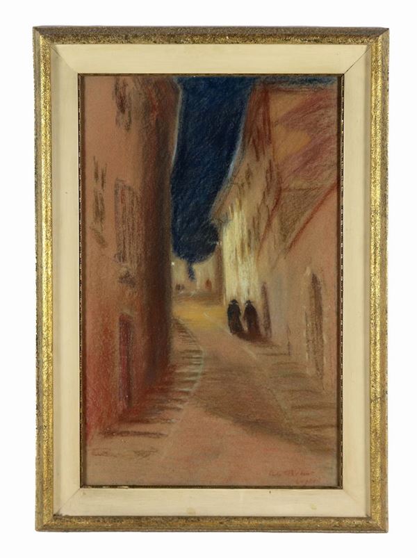Pittore Svizzero XX Secolo - Firmato ed iscritto Lugano. "La passeggiata dei preti" pastello su cartone cm 78 x 53