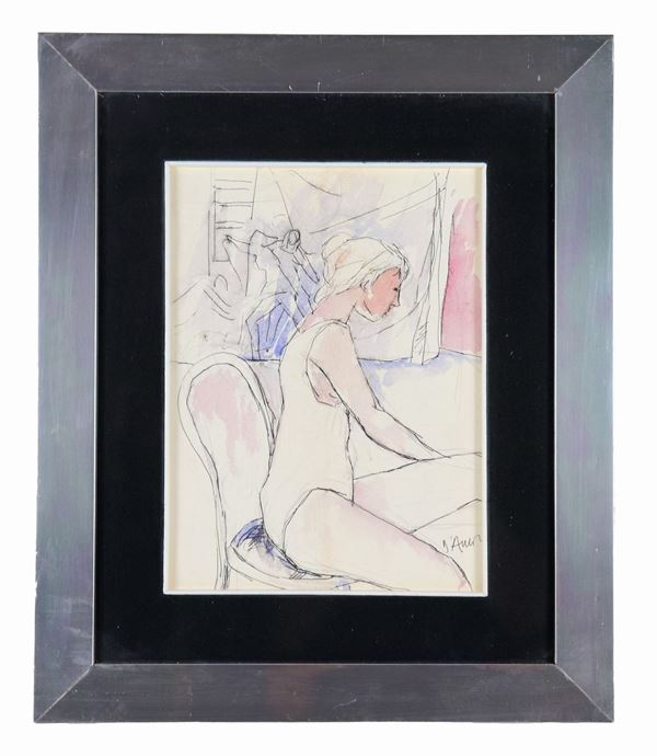 Pittore Arte Contemporanea - Signed. "Ballerina" drawing in ink and watercolor on paper 30 x 22 cm