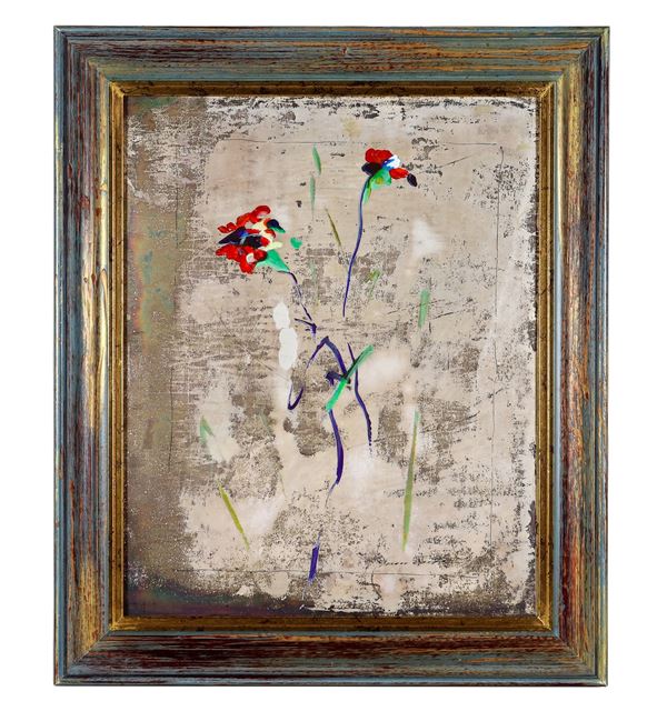 Ernesto Treccani - Signed. "Red carnations" oil on silver foil 50 x 40 cm
