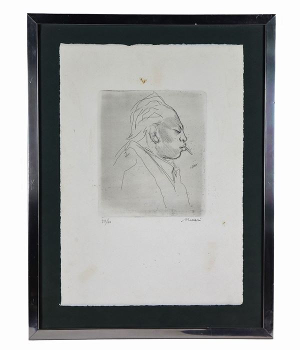 Mino Maccari - Signed. "Man who smokes" lithograph on multiple paper 28/60 cm 60 x 45