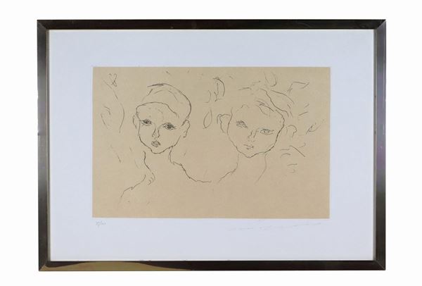 Pittore Arte Contemporanea - Signed. "Faces of boys" lithograph on multiple paper 75/100 cm 31 x 48.5