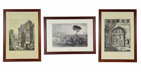 Lot of three prints "Views of Rome and ruins"