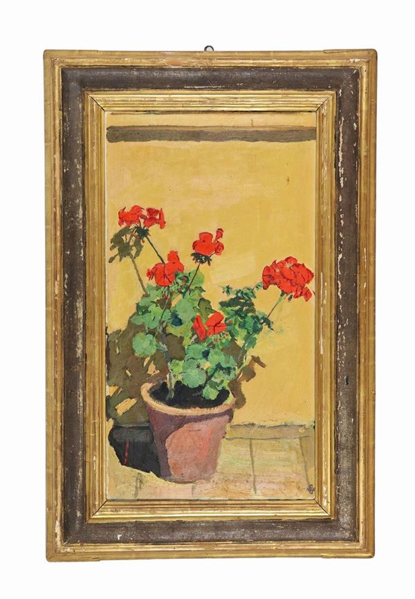 Renato Tomassi - Firmato e datato 1933. "Vaso con gerani", dipinto ad olio su tavoletta