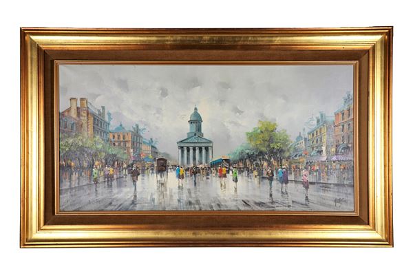 Antonio De Vity - Firmato. "Veduta di strada parigina con il Pantheon sullo sfondo", dipinto ad olio su tela