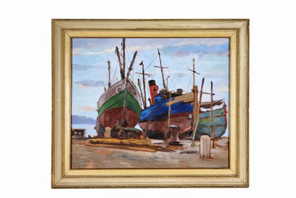 Pittore Italiano Primo Quarto XX Secolo - Signed. "Fishing boats aground", bright oil painting on cardboard