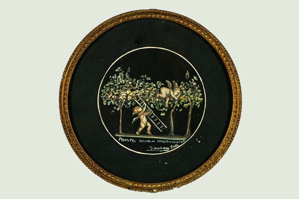 Medaglione dipinto &quot;Putti pompeiani alla vendemmia&quot;