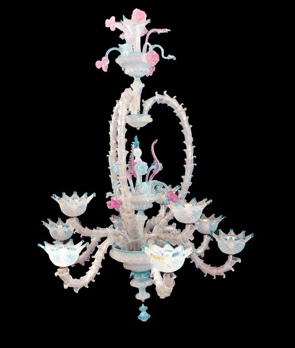 Murano blown glass chandelier in various colors with flower and leaf decorations, 9 lights