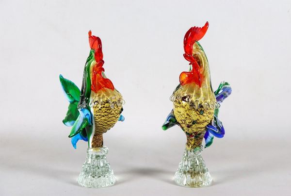 Pair of "Galli" sculptures in blown Murano glass with various polychrome colors
