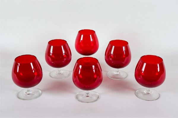 Lot of six cognac glasses in oxblood crystal