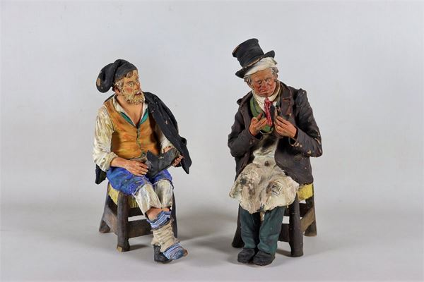 Pair of Neapolitan sculptures "Ciabattini" in polychrome terracotta