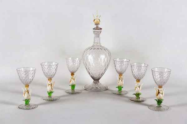 Set of red wine glasses in blown Murano glass with swan-shaped stems