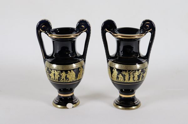 Pair of amphorae in cobalt blue ceramic, with decorations in pure gold with "Bacchanal of the Gods" motifs