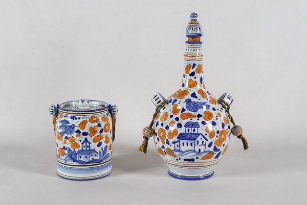Lot in glazed ceramic from Deruta with polychrome decorations of flowers, birds and landscapes (2 pcs)