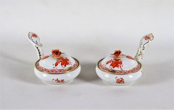 Pair of Herend porcelain saucepans, decorated with flower and leaf motifs