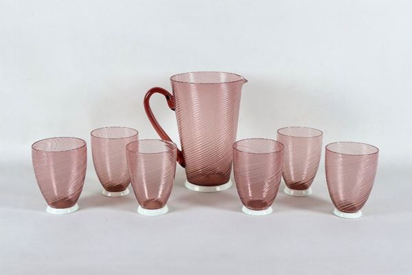 Drink set in blown Murano glass in antique pink color worked in spirals (7 pcs)