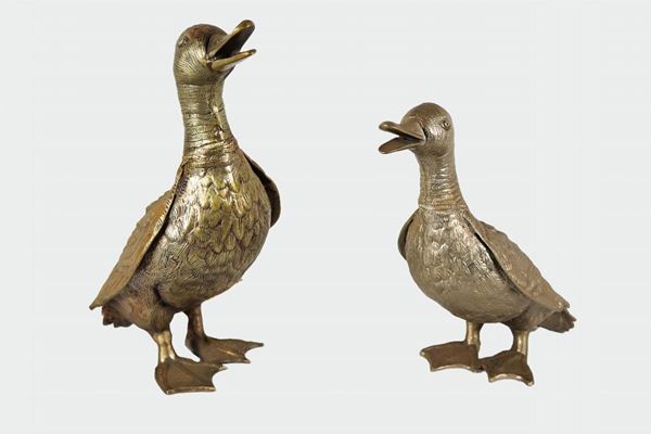 Lot of two gilt bronze ducks, one large and one small