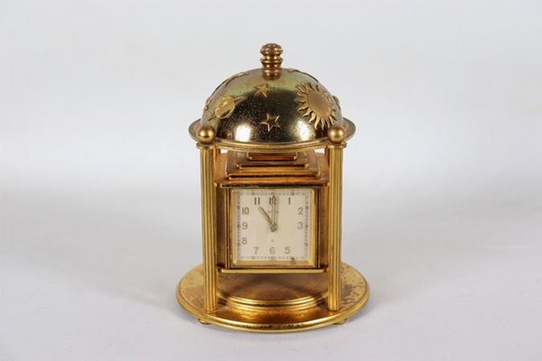 "Cube" table clock in solid brass, Angelus - Swiss brand, with four dials: alarm clock, barometer, thermometer and hydrometer