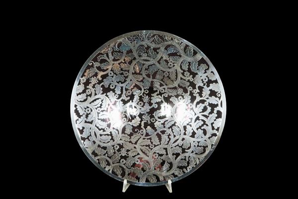 Round Liberty crystal fruit bowl decorated in silver with floral swirls and flowers.