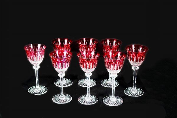 Lot of eight goblet glasses in French Saint Louis crystal with oxblood edges