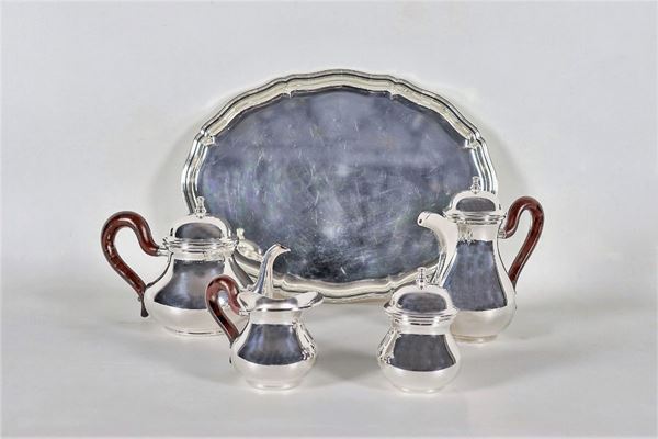 Tea and coffee service in silver-plated and chiseled metal with ebonized handles (5 pcs)