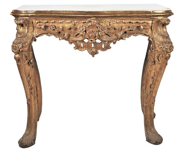 Antique Neapolitan Louis XV console, in gilded wood and carved with floral motifs and bouquets of flowers