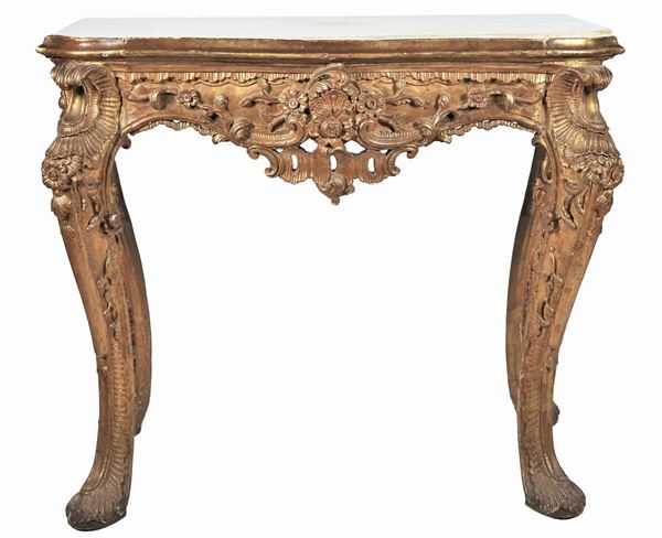 Antica consolle napoletana Luigi XV, in legno dorato ed intagliato a motivi di intrecci floreali e mazzi di fiori