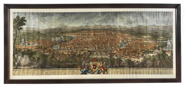 Antica grande incisione a colori "Prospetto della Città di Roma visto dal Monte Gianicolo e sotto gli auspici di Carlo III Re delle Spagne"